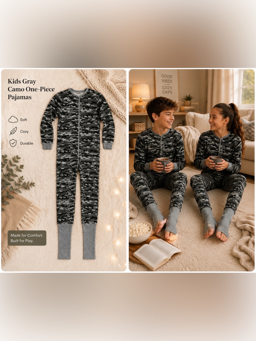 Kids Gray Camo One-Piece Zip Pajamas